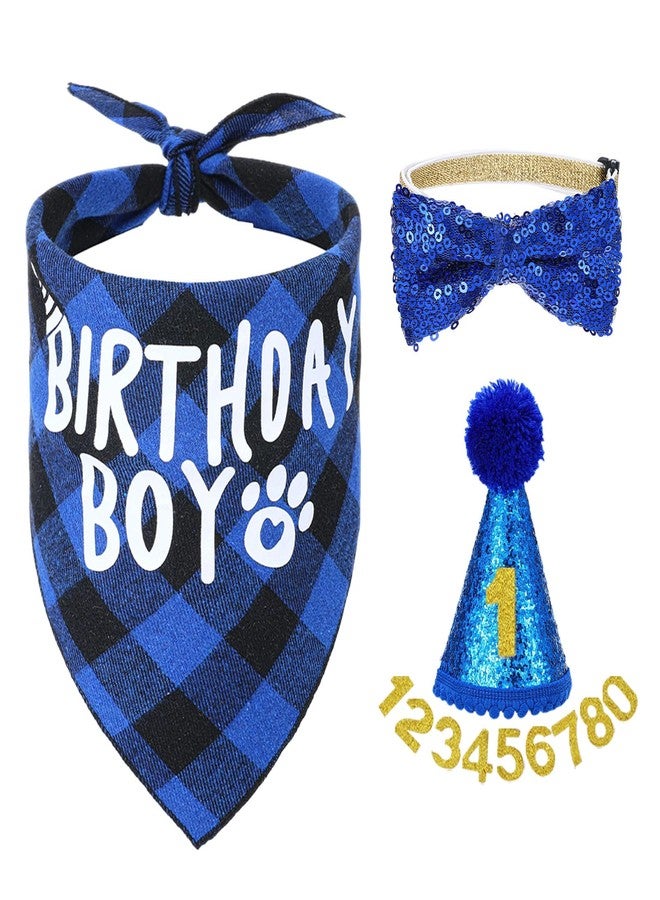 Aeaocvo Cat Birthday Hat Set, Small Pet Birthday Party Supplies, Bandana Bow Tie Collar Hat with Number for Cats Kittens Apparel Outfits (Blue) - Image 1